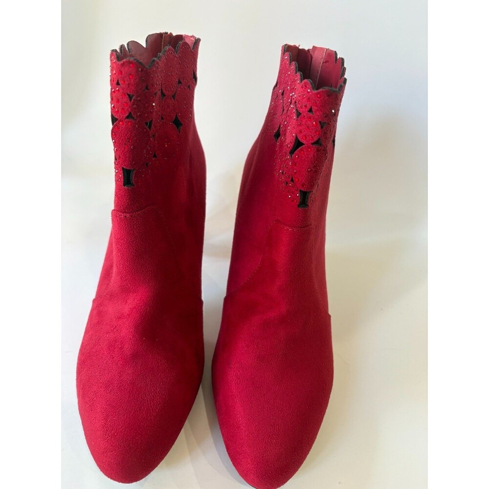 IMPO Tarrid Women’s Red Ankle Boots 9M Rhinestone Cutout Block Heel Zip Booties
